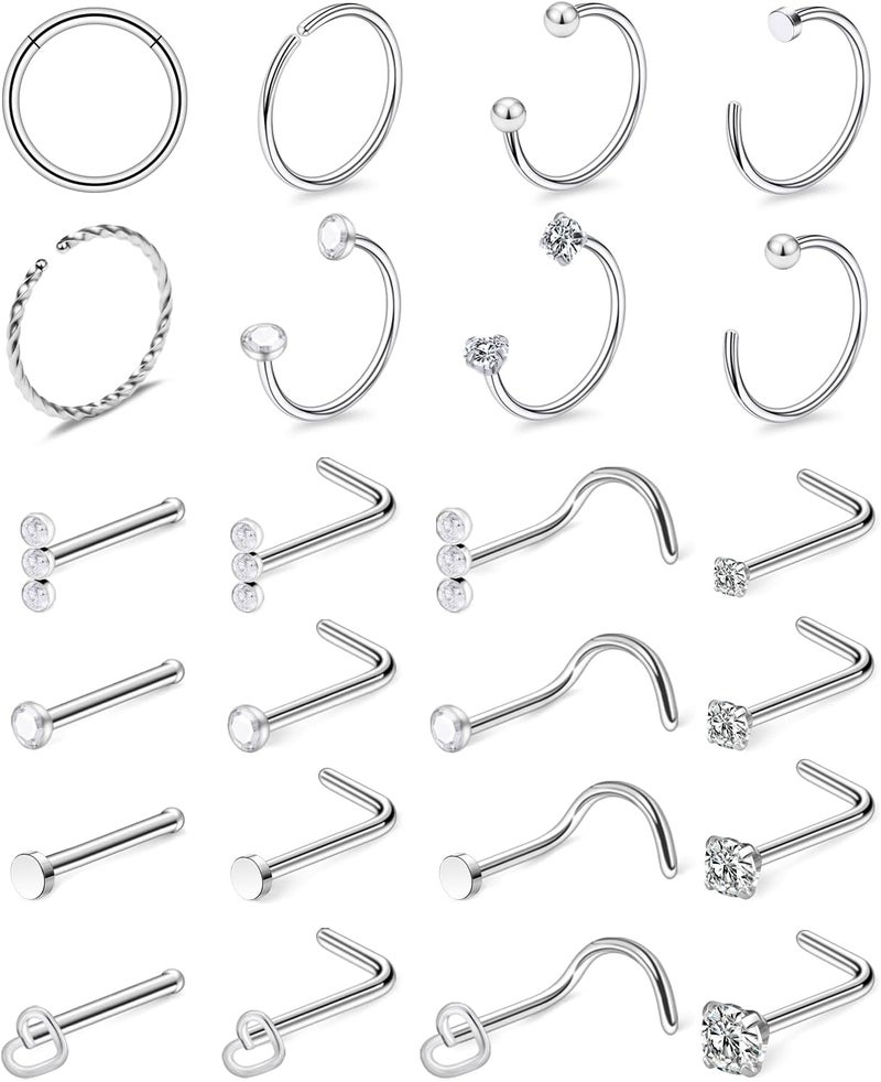 Ftovosyo 18G 20G Nose Rings Surgical Steel Nose Rings Hoop for Women Men Paved CZ Flower Nostril Piercing Jewelry L Shaped Nostril Ring Stud Set - Image 1